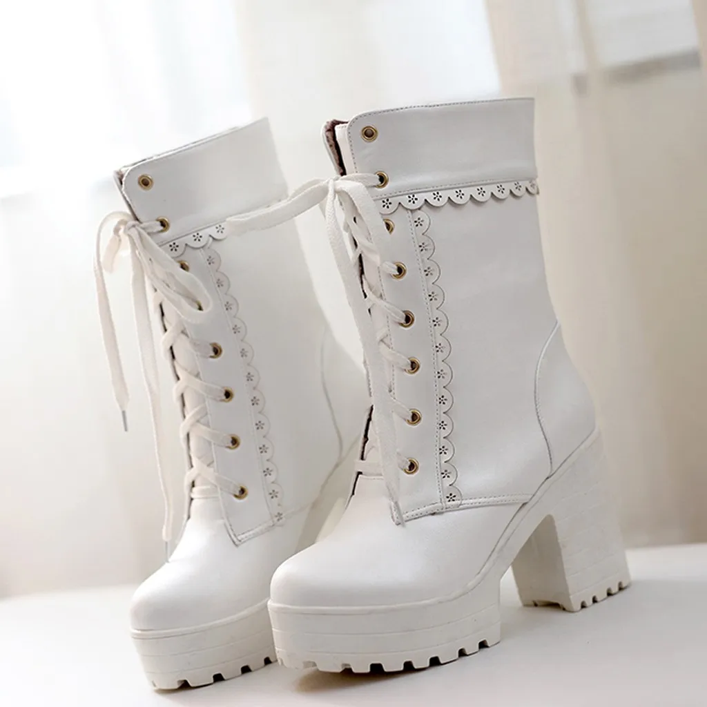 Женские ботинки на блочном каблуке из искусственной кожи платформе со шнуровкой