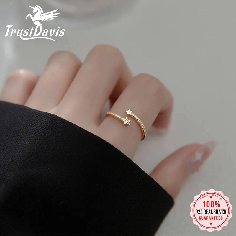 

TrustDavis Real 925 Sterling Silver Fashion Sweet Mini Star Shiny CZ Opening Rings For Women Wedding Party Fine Jewelry DA2474