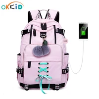okkid high school bags for teenage girls large school backpack female travel laptop backpack 15 6 usb charge bag plush ball gift