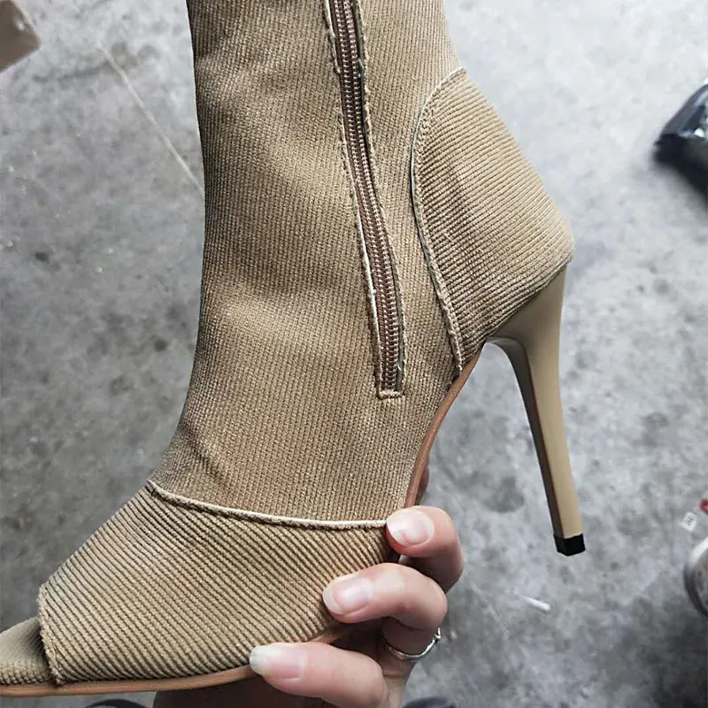 

Women's Toe Ankle Sock Boots Cut Out Spring Autumn Female Stretch Fabric Elastic Woman High Heels Ladies Breathable Fashion