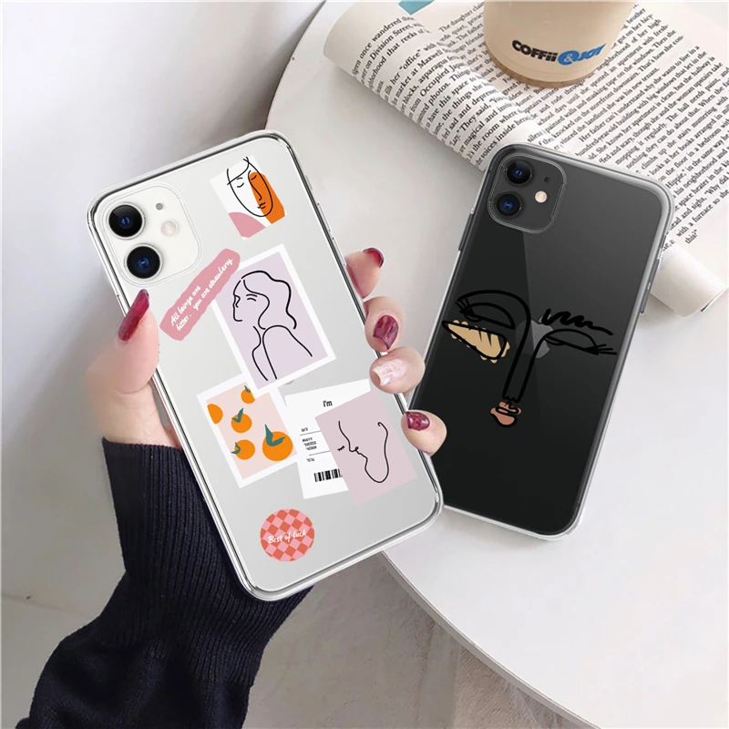 

Funny Clear Abstract Art Line Case For iPhone 11 12 Pro XS Max X 5S SE 2020 12 Mini 6 6s 7 8 Plus Soft TPU Shockproof Back Cover