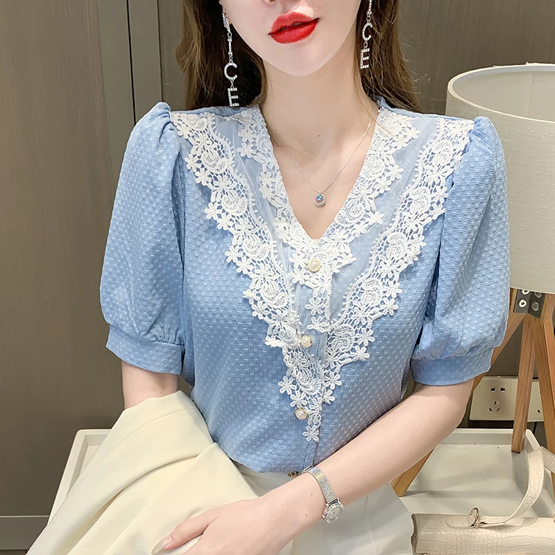 

2021 Summer New Lace Tops Fashion Casual Short Sleeve V-Neck Women Blouse Shirt Elegant Slim Chiffon Blouses
