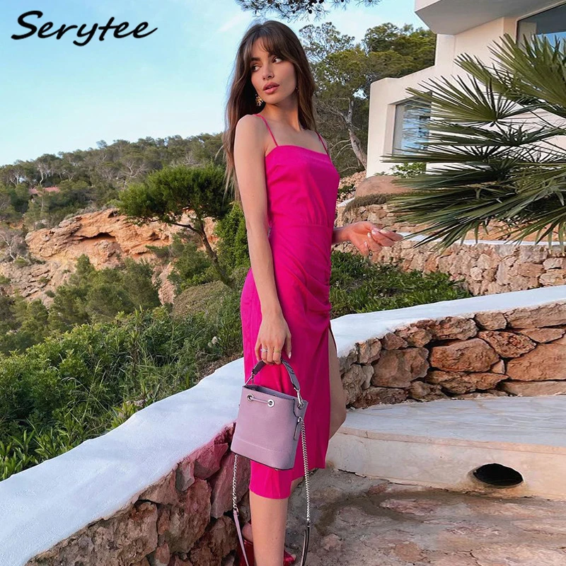 

Serytee High Split Sexy Vintage Party Dress For Women 2021 Summer Spaghetti Strap Backless Ruched Satin Midi Dress Beach Robe