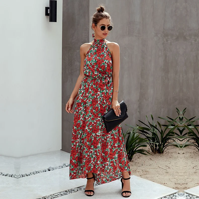 

2021 New Fashion Summer Halter Print Dress Women Sleeveless Cotton Print Lace Up Long Dress Streetwear