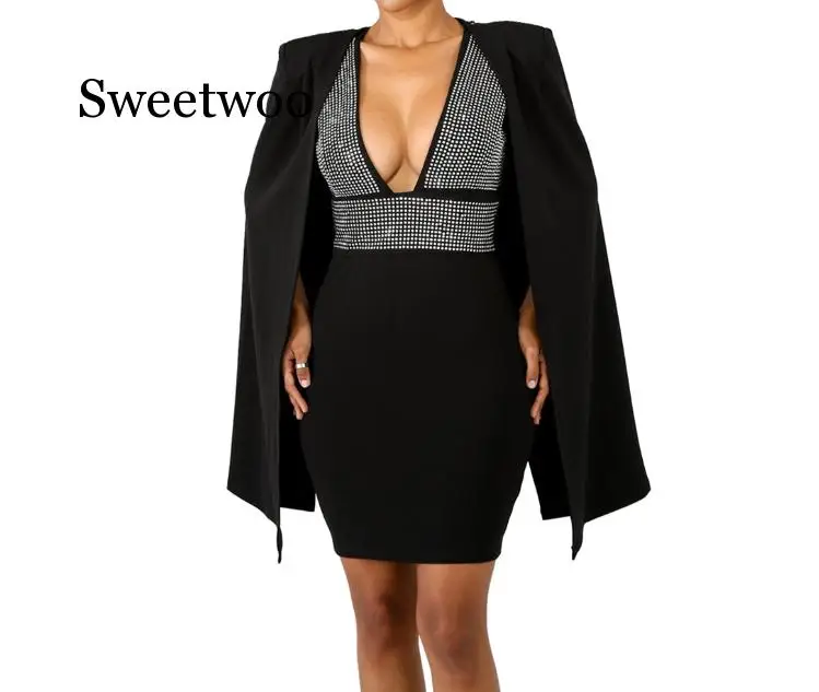Diamonds Sexy Deep V Neck Bodycon Dress with Cloak Women Sleeveless Mini Club Party Dresses Detachable Cape Poncho | Женская одежда