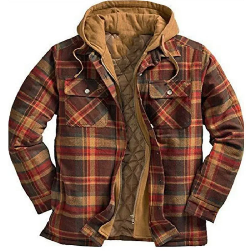 New style shirt European and American autumn winter thick cotton plaid long-sleeved loose hooded jacket size S-5XL