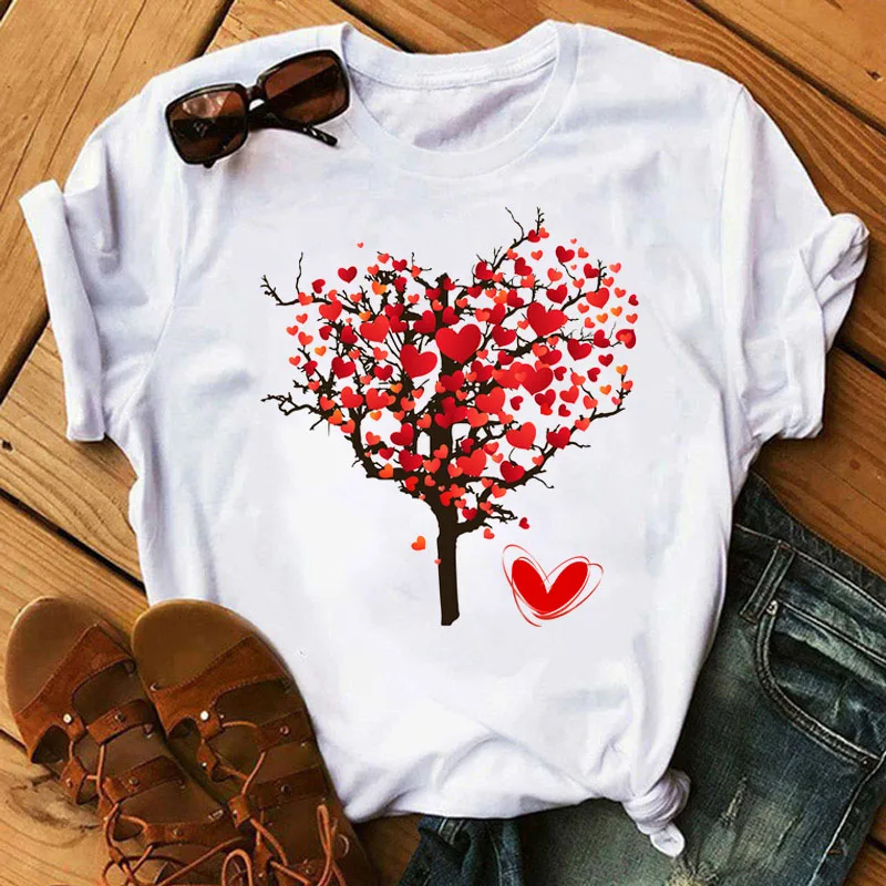 

Summer Tee Shirts Fashion Women T-shirts New Women T Shirt Red Rose Flower Heart Print T Shirt Harajuku Short Sleeve Tops Female