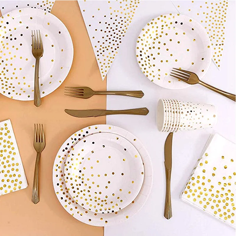 

40Pcs Disposable Party Tableware Set Gold Disposable Cups Plates Paper Napkins for Wedding Adult Kids Birthday Party Decorations