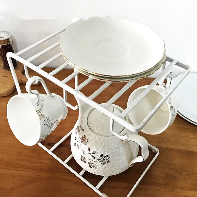 

2 Tier Tea Coffee Cup Holder Kitchen Mug Dish Multi-functional Drying Storage Racks with 6 Hooks