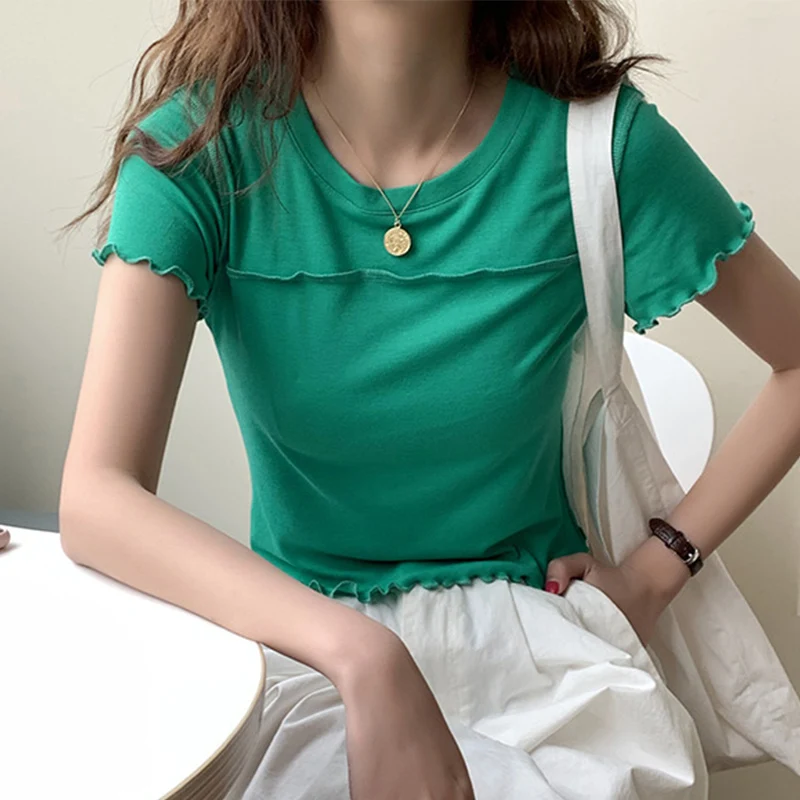 

Summer Tops Women's Clothing 2021 Tops Tshirts Ladies Cropped Tops Solid Color Blouse Slim Pullover Women