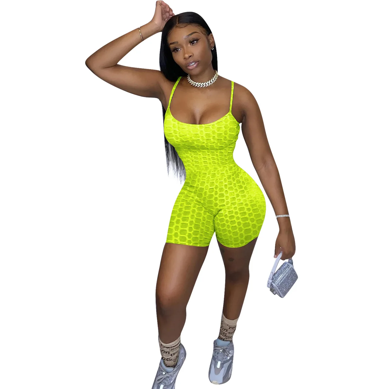 

Casual Plaid Knit Ribbed Body Shorts Jumpsuit Women Summer Sexy Fitness Spaghetti Strap Bodycon Biker Shorts Romper Playsuit
