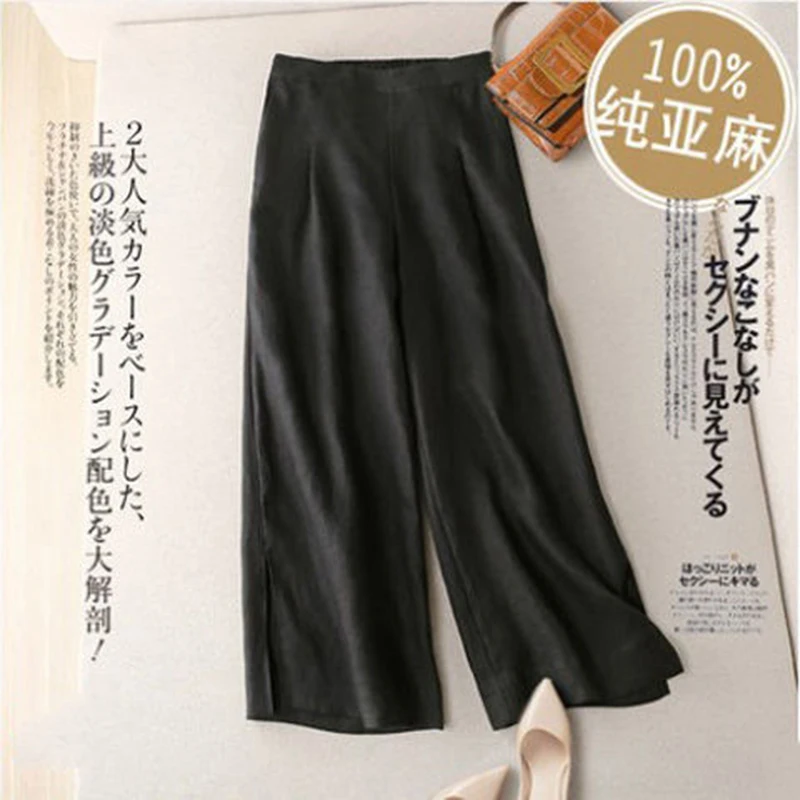 

Spring Summer Arts Style Women Elastic Waist Ankle-length Loose Pants 100% Linen Vintage Casual Wide Leg Pants Plus Size S971