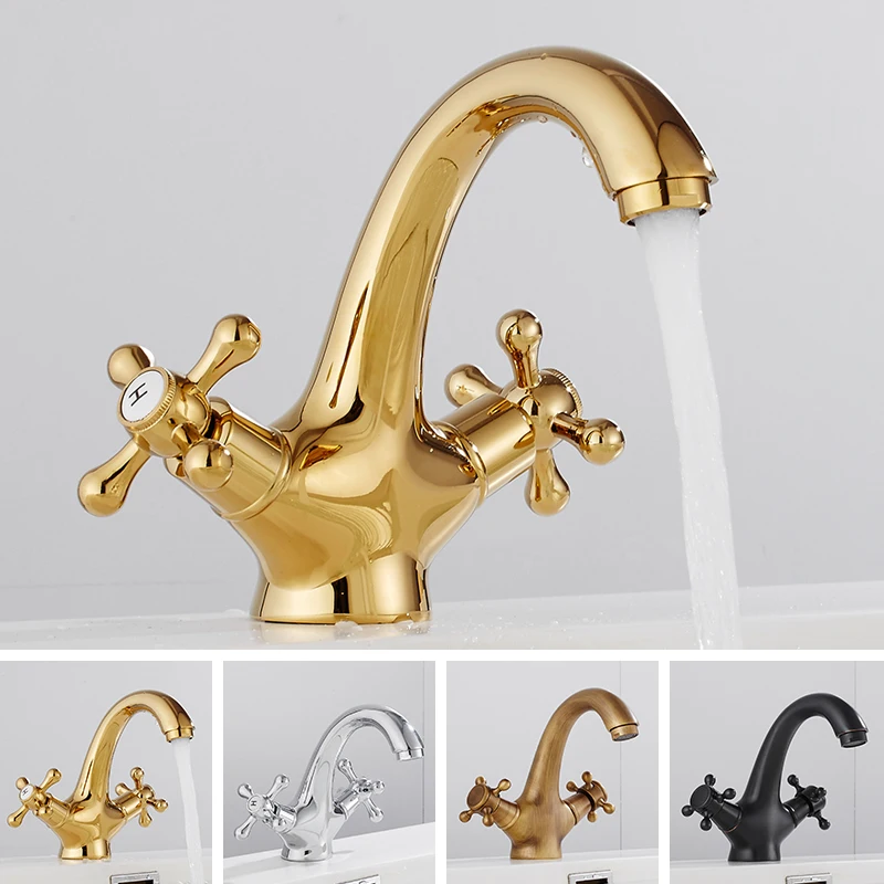 

Solid Brass Double Handle Control Bathroom Faucets Deck Mounted Gold Water Tap Kitchen Bathroom Basin Mixer Tap Robinet Antique