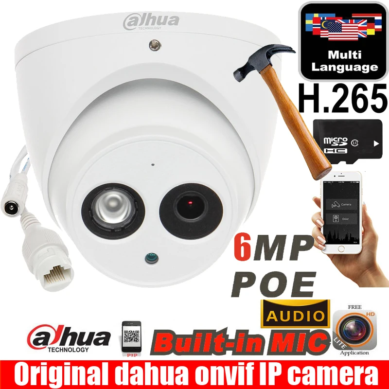 Mutil язык версии H.265 6MP POE IP Камера IPC HDW4633C A poe купольная камера водонепроницаемый