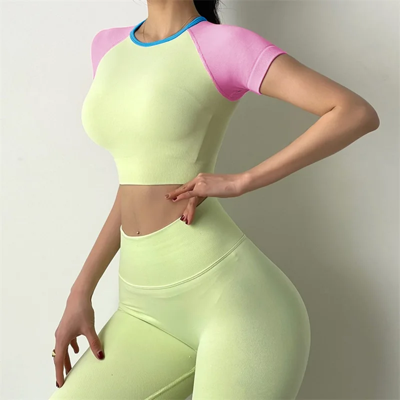 

Candy-colored Short-sleeved Sports T-shirt Quick-drying Running Fitness Sports Clothing Women's Nnitted Yoga Blouse Crop Top