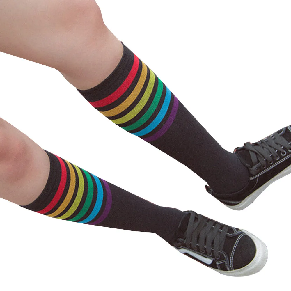 1Pair Women Thigh High Socks Over Knee Rainbow Stripe Girls Football Black White Long Sock | Женская одежда