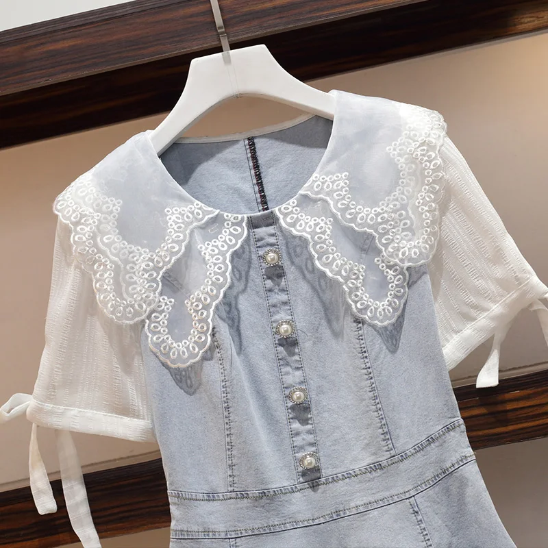 Женское джинсовое платье размера плюс 6XL летнее с кукольным воротником