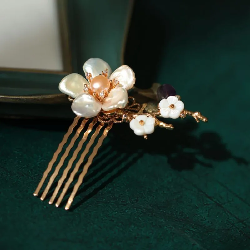 Шпилька для волос с жемчужинами и цветами позолоченная под старину | Украшения