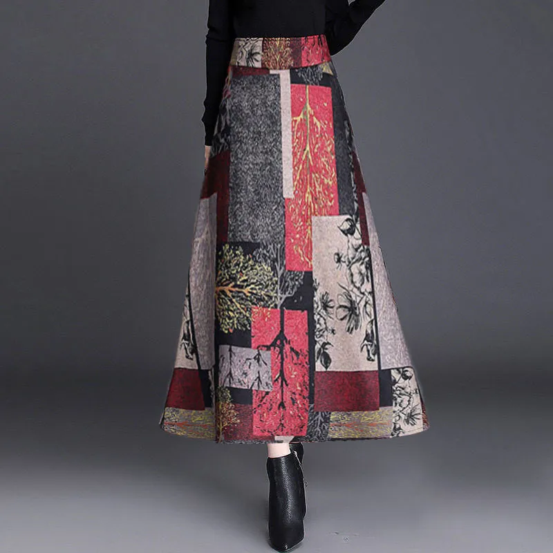 

Autumn Winter A-line Long Skirts Womens Maxi Skirt Female High Waist Warm Wool Skirt Elegant Office Lady Printing Plaid Skirt