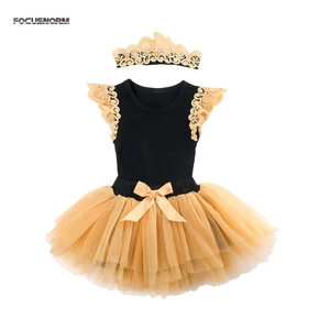 Комплект детской одежды FOCUSNORM для девочек, 3 шт., кружевной комбинезон с оборками, топ, юбка-пачка, повязка на голову, 0-24 м