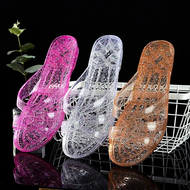 Glitter Sandals Shoes Women Transparent Jelly Slippers Female Beach Slides For Ladies shoes and Sandals Size42 White Orange Red
