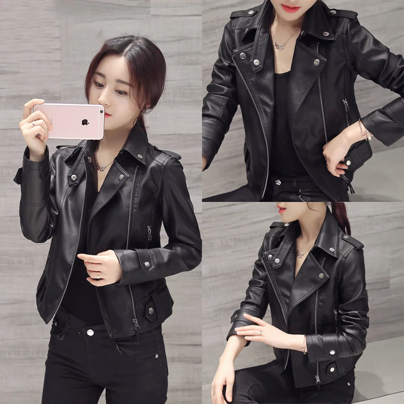 

Spring Autumn Women Short Black PU Jacket Slim Fashion Motorcycle Leather Jacket Casual Wild Coat