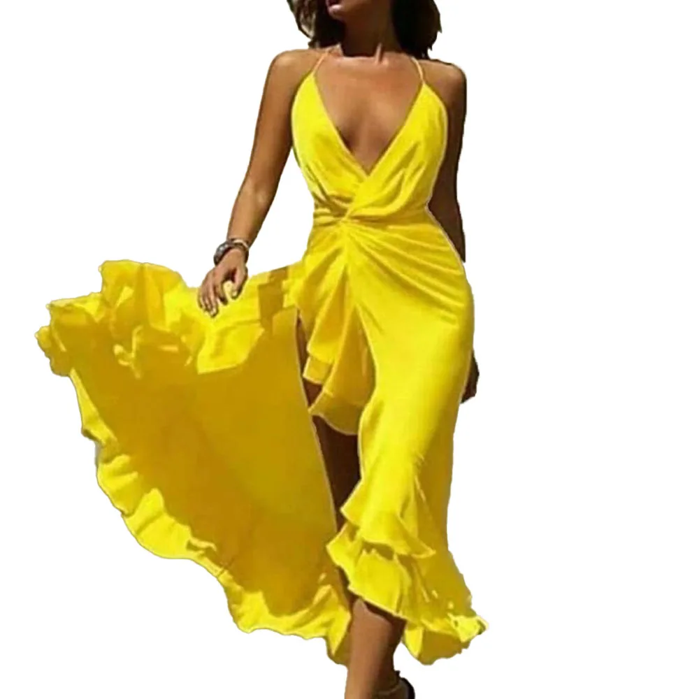 

Europe America 2021 Summer New Women's Dress Solid Color Yellow Deep V-neck High Waist Split Fork Ruffle Temperament Fashion