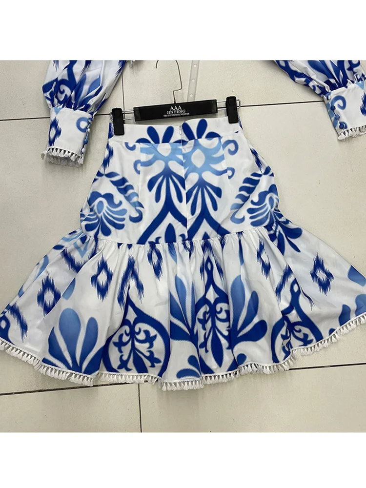 

Lapel Retro Geometric Print Bandage Short Shirt Two-piece Set Ladies Autumn New Style + High Waist Frill A-line Skirt Set