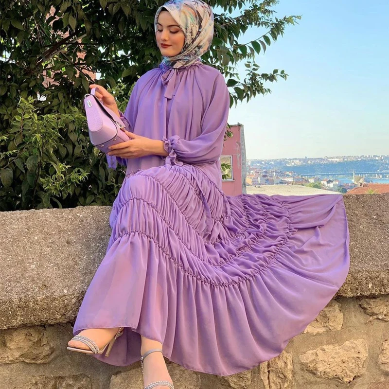 

Summer Women Tiered Maxi Dresses Ruffles Chiffon Pleated Stand Up Collar Tie Neck Long Sleeves Muslim Gown Party Evening