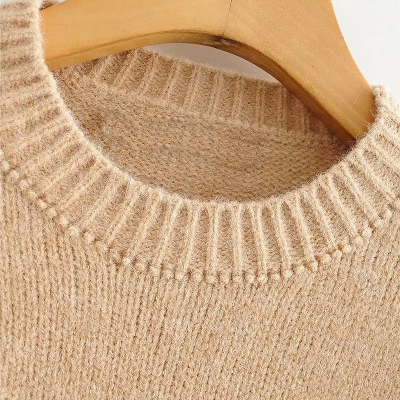 

New Women Casual Classic Style Za O-neck Khaki Long Sweaters Female Fashion Long Sleeve Knitted Loose Pullover Girls knitwear