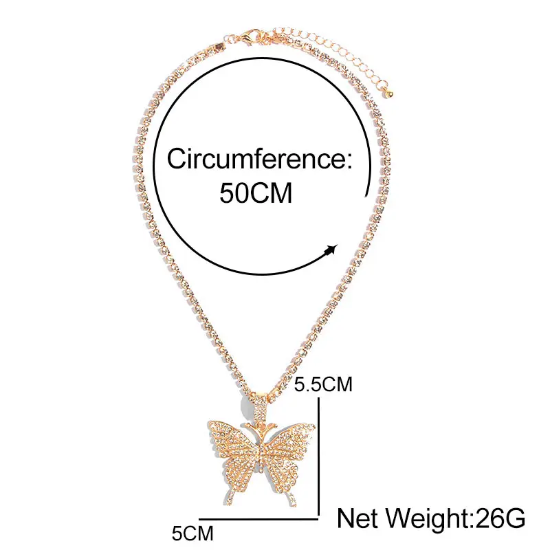 

Big Butterfly Pendant Necklace Rhinestone Chain for Women Bling Tennis Chain Crystal Choker Necklace Party Jewelry
