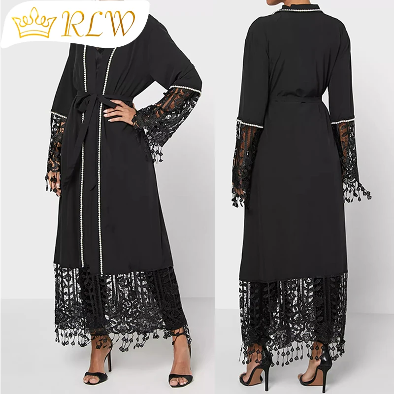 Muslim Black Abaya Long Lace Tassel Sleeve With Peals Latest Design Hijab Dress Islam Turkish Moroccan Kaftan Ramadan Mubarak