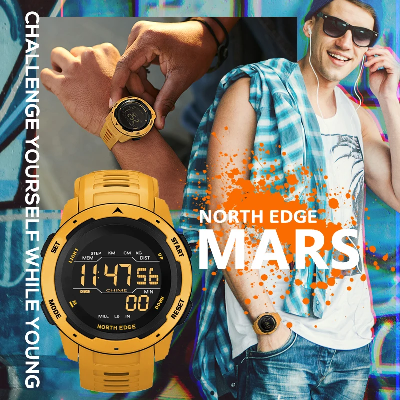 

North Edge Mars Digital Watch Men Dual Time Sports Watch with Alarm and Pedometer 50M Waterproof Digital Watch Military Watch