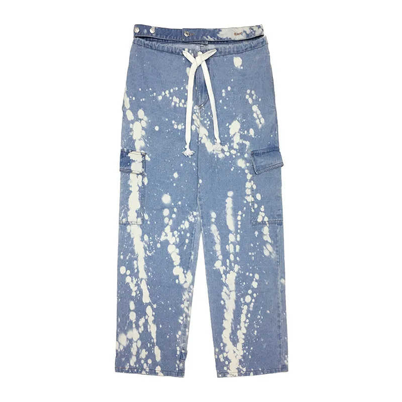 

VGH Tie Dye Pant For Women High Waist Lace Up Hollow Out Hit Color Pockets Casual Wide Leg Pants Female 2020 New Clothes Fashion