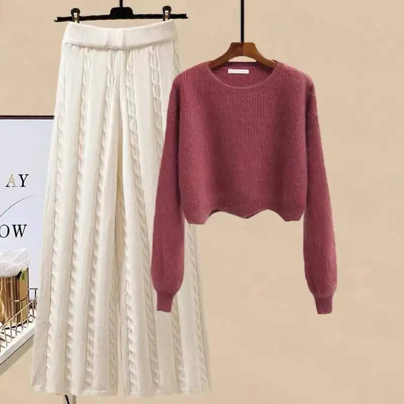 

Fall Suit Women Short Long-Sleeved O-Neck Pullover Sweater + High-Waist Linen Pattern Knitted Wide-Leg Pants Two-Piece Set s1397