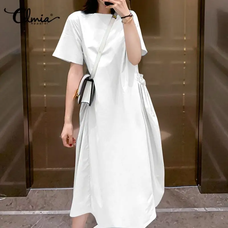 Женская летняя обувь 2021 плиссированное платье с карманами Celmia круглым вырезом