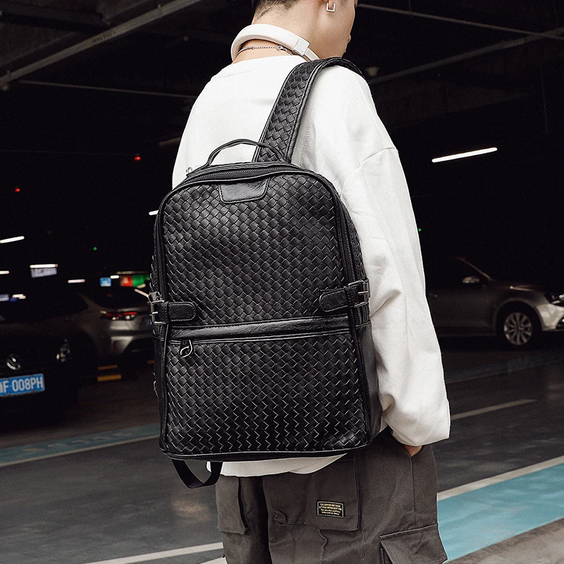 

Men's Leather Backpack Luxury Brand Woven Bagpack Casual Business Bag Leisure Travel Bag Fashion Computer Bag
