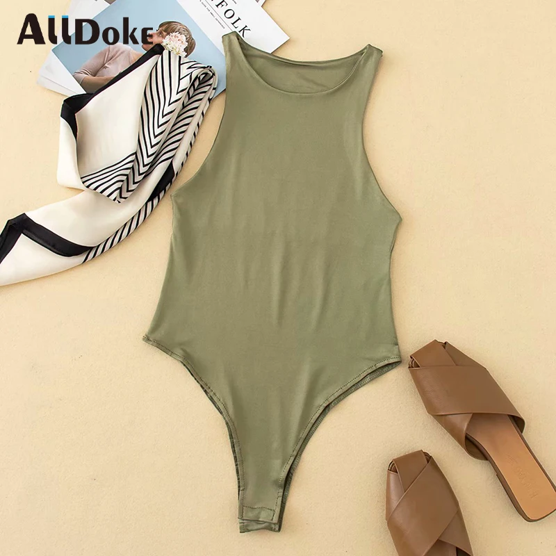 ALLDOKE боди армейского зеленого цвета женское летнее с круглым вырезом тонкое
