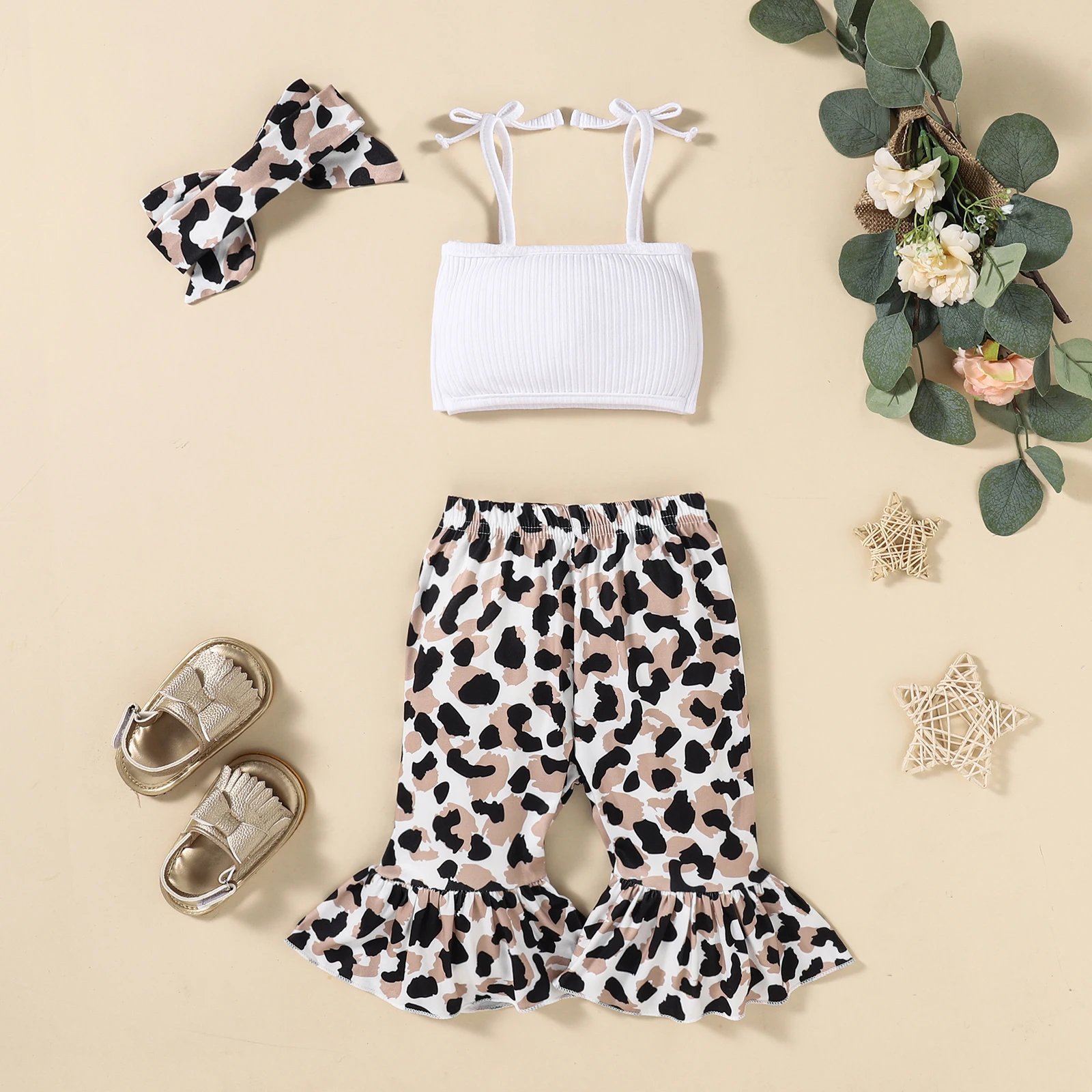 

Pudcoco Baby Girls Clothes Set, Solid Color Cropped Tops + Leopard Print Flared Trousers + Bow-knot Headband 3Pcs 3M-24M