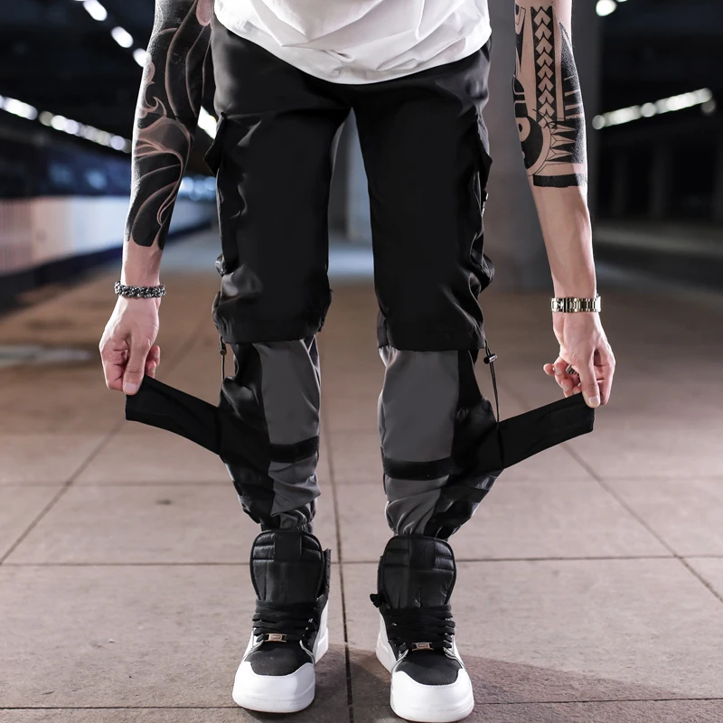 

Block Pocket Patchwork Cargo Joggers Men Hip Hop Letter Print Nice Pop Harem Pants Mens Casual Ribbons Trousers Sweatpants