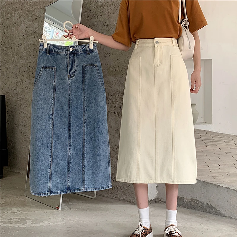 

Vintage Summer Denim Skirts Women High Waist Split Long Jeans Skirts Plus Size Apricot Blue Midi Skirt faldas mujer jupe