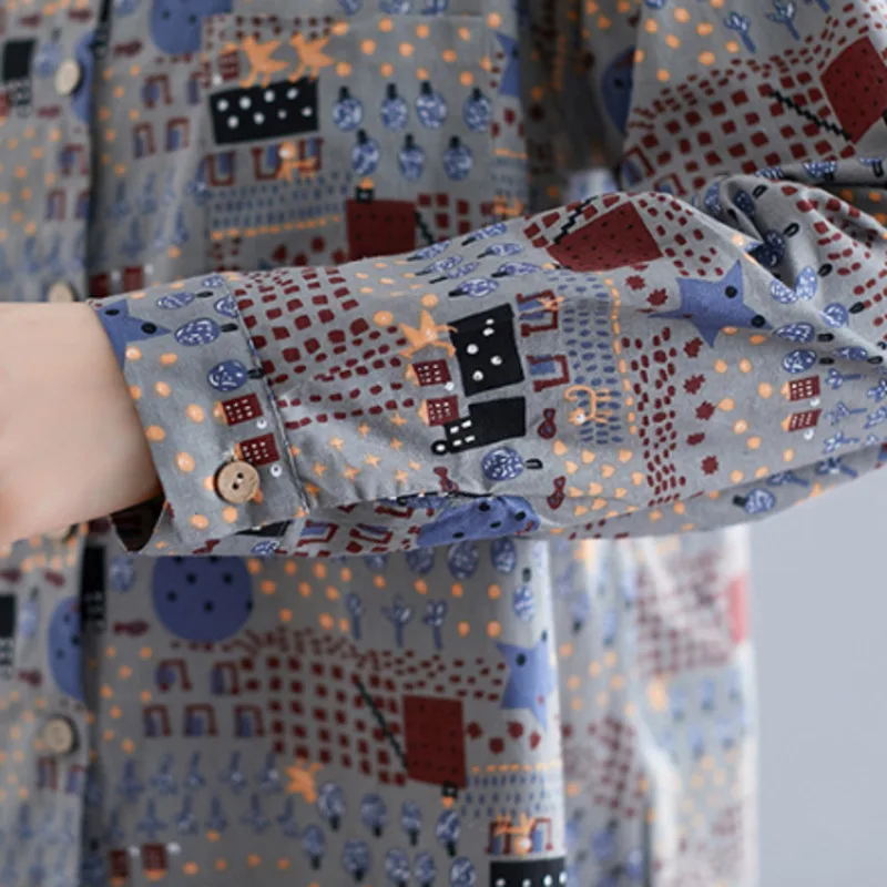 

#0170 Womens Shirts Long Sleeve Printed Shirt Female Casual Loose Tops Ladies Korean Style Spring Summer Blouse Thin Irregular