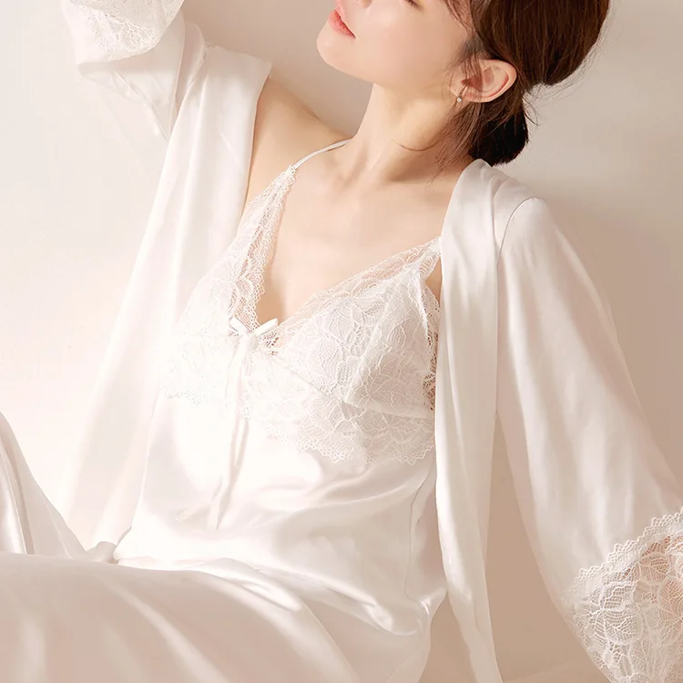 

Women's 3PCS Pajamas Sets Sexy Lace Strap Top&Pants Long Sleeve Robe Autumn New Rayon Sleepwear Pijama Suit Loose Home Clothes