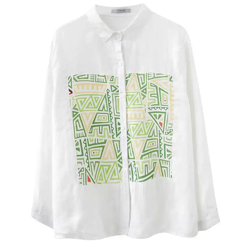 

European Station Linen Shirt Women 2021 Spring Loose Large Size Vintage Floral Print Long Sleeves Shirt Casual Cotton Linen Top