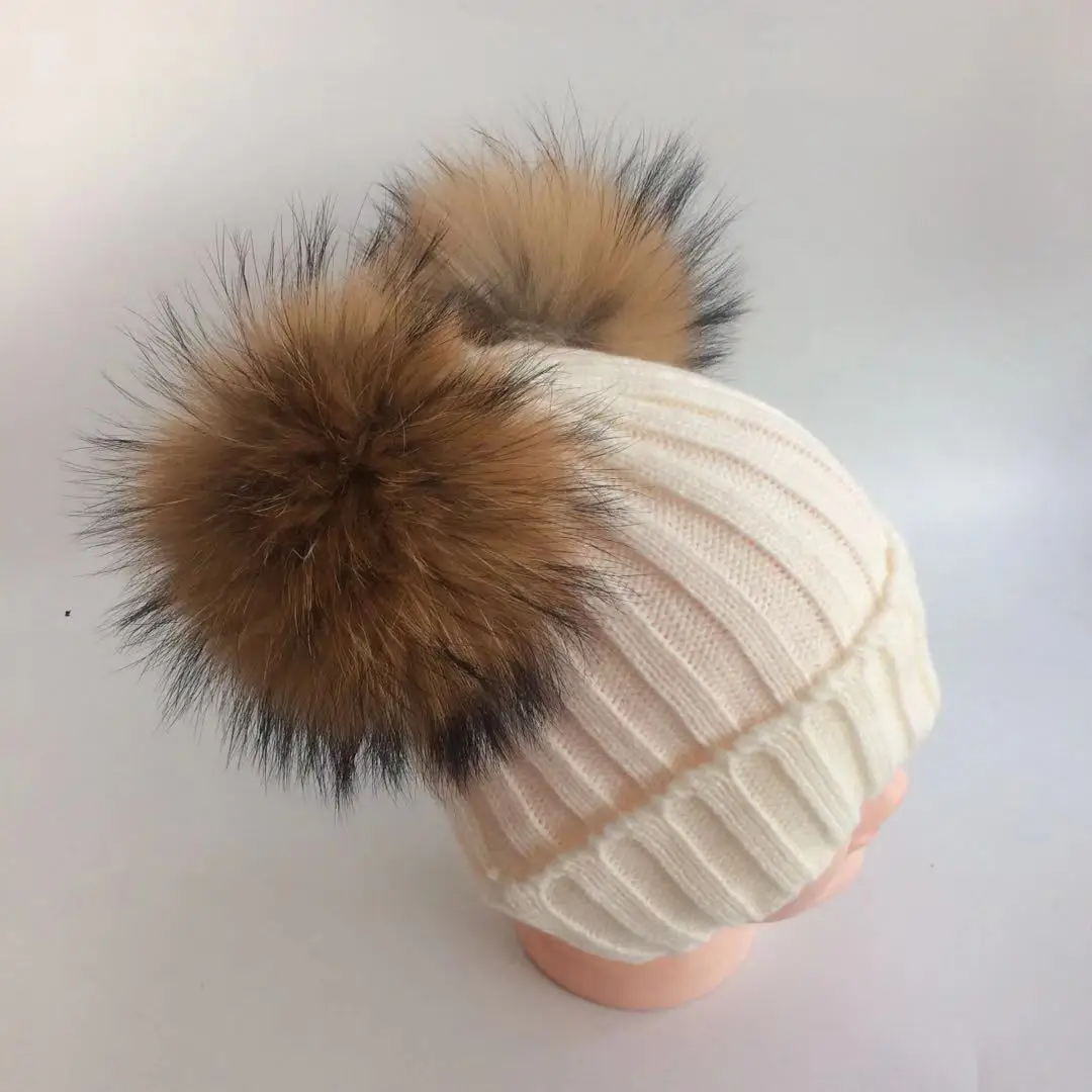 children's winter toddler baby kids natural real fur hat cap beanie with 2 two double pompom ears funny for boys and girls | Детская