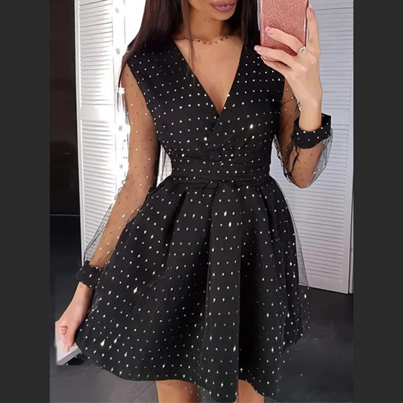 

Women's A-Line Dress Double-Layer Gauze Stitching Mesh Lace Party Dresses Sexy V Neck See-Through Dot Mini Dress Vestidos