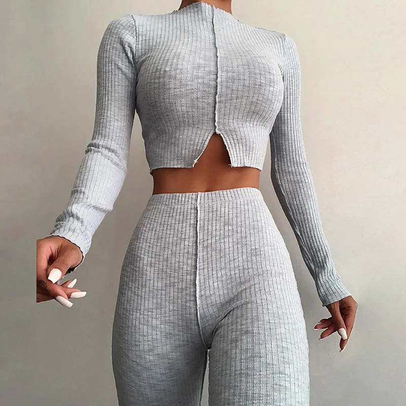 

Active Grey Knitted Rib Tracksuit Women Jogging Femme Casual O Neck Slit Crop Top + Flare Pants Slim Two Piece Set Outfits