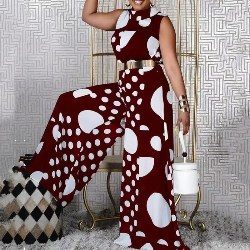 

2021 Summer Sleeveless Polka Dot Waist Jumpsuit Women's Clothing Fashion Round Neck Overalls For Women Wide Leg Jumpsuits Femme
