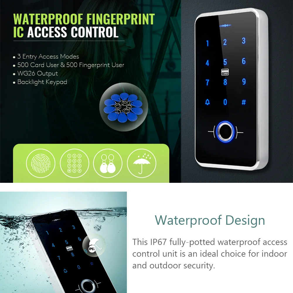 Полноразмерная система контроля доступа IP67 с дактилоскопическим паролем и RFID
