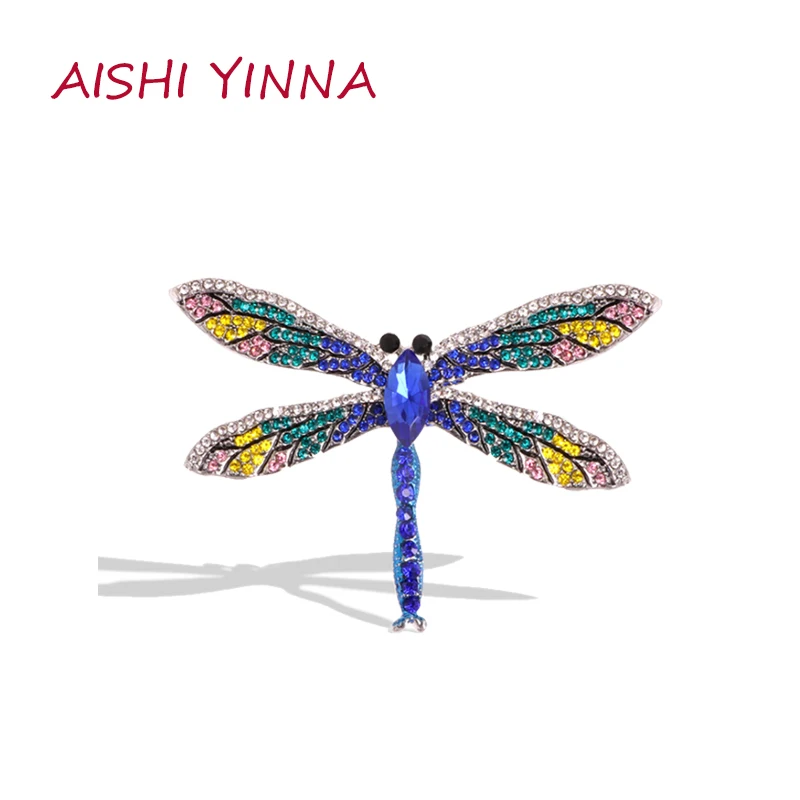 

AISHI YINNA European And American Alloy Inlaid With Colored Diamonds And Oil Drop enamel Dragonfly Insect Brooch Personality